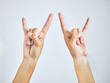 © peopleimages.com - Hands, closeup and person in studio with rock and roll sign, gesture or symbol on white background. Zoom, rebel and icon with rocker emoji for edgy, cool or contemporary, metal or punk aesthetic
