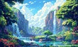 Bring the wonder of a wide-angle view adventure to life in a pixel art masterpiece Craft a detailed and colorful digital scene that sparks curiosity and a sense of exploration in the viewer