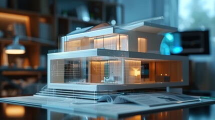 a concept holo 3d render model of a small living house on a table in a real estate agency. signing mortgage contract document and demonstrating. futuristic business. blurry background. 