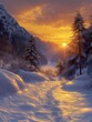 Breathtaking Nordic Winter Landscape Bathed in Golden Sunset Glow