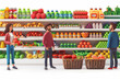 Happy woman and man, shoppers in a grocery market are choosing food on the shelves. Supermarket customers 3D avatars set vector icon, white background, black colour icon