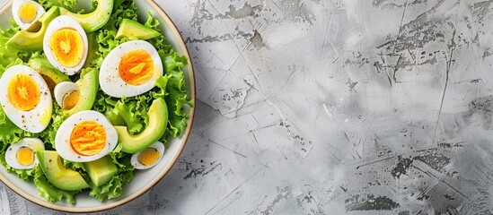 Wall Mural - Avocado and egg salad on a light stone background with empty space for text. View from above.