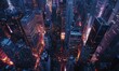 Capture the bustling cityscape below in a bold, photorealistic digital rendering of an aerial view Metropolitan Life at dusk Overlooking skyscrapers aglow with city lights, showcasing the vibrant ener