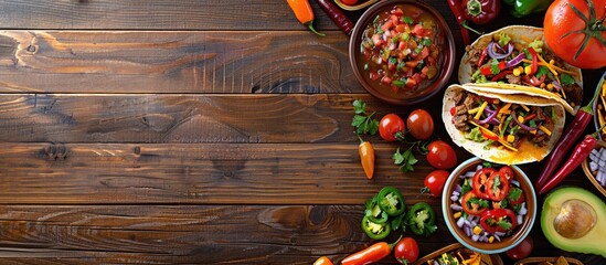 Wall Mural - A background featuring a variety of Mexican dishes commonly served at parties, such as guacamole, nachos, fajitas, meat tacos, salsa, peppers, and tomatoes displayed on a wooden table.
