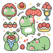 Set of cute frog various poses in strawberry bakery concept.Reptile animal character cartoon design.Bread,ice cream,dessert,sweet,fruit hand drawn collection.Kid graphic.Kawaii.Vector.Illustration.