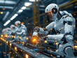 A robot is working on a machine in a factory. The robot is surrounded by other robots, and the scene is set in a factory. The robots are all white and appear to be working together to complete a task
