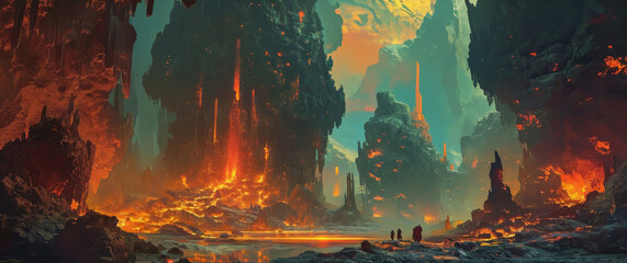 Wall Mural - Fantasy Volcanic Landscape with Figures