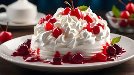 Wall Mural -  A photorealistic image of a dessert with whipped cream and cherry topping elegantly presented on a plate. The dessert is meticulously crafted, showcasing the smooth texture of the whipped cream and t