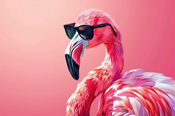 Wall Mural - fashionable flamingo wearing sunglasses on solid color background faceted digital art illustration vector art