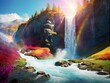 Waterfall cascades as rainbow decorates sky, flowers bloom in foreground