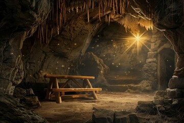 Wall Mural - empty wooden manger in cave with star of bethlehem christian nativity scene background digital painting