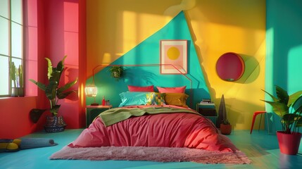 Wall Mural - Visualize a TikToker's colorful and vibrant bedroom setup, designed for creating engaging and entertaining content,