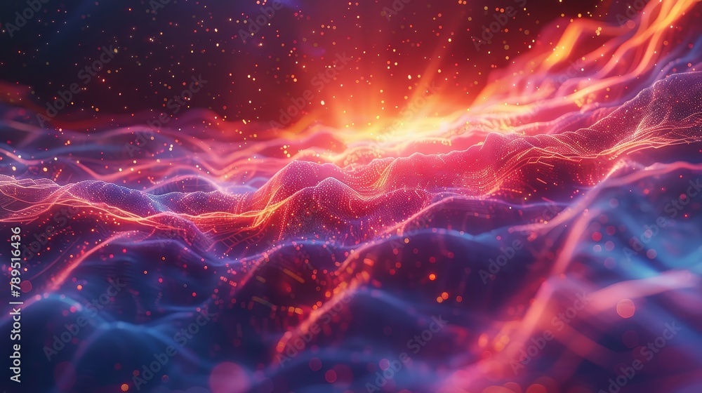 Imagine a scene where pulsating digital waves emit from a central point ...