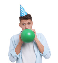 Poster - Young man in party hat inflating balloon on white background