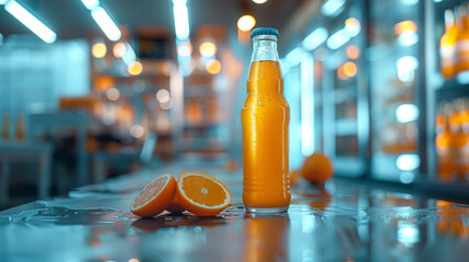 Poster - A bottle of orange juice is on a table with two oranges