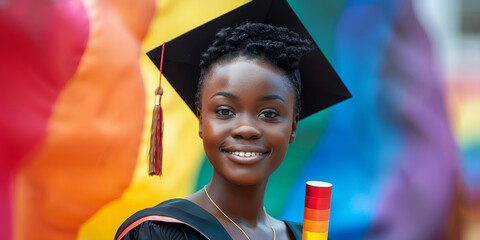 Wall Mural - Joyful African American Graduate Celebrating Success at Colorful Rainbow Graduation Ceremony.