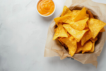 Poster - nice snack, tortilla chip dish or nachos with a spicy cheese sauce, isolated, top view