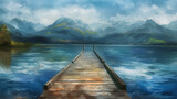 Fototapeta  - A dock juts out into a lake with mountains in the distance.

