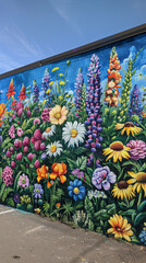 Wall Mural - A colorful mural of a flower garden on a building. The flowers are in full bloom and the colors are vibrant. The mural is a beautiful and lively representation of nature