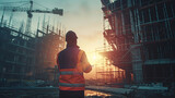 Fototapeta  - A construction worker wearing a reflective vest stands in front of a building. The sky is orange and the sun is setting