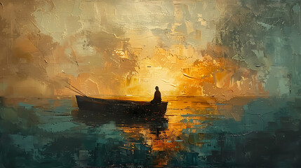 Wall Mural - A fishing boat sails on the sea under a vibrant sunset, portraying tranquility and nature's beauty in a captivating maritime scene