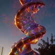 DNA spiral glowing in sunset, low angle, vibrant HDR, hyper realistic, low noise, low texture, closeup,