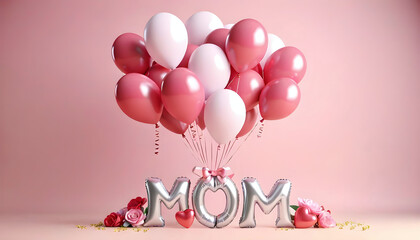 Happy mothers day decoration background with balloon and mom text, copy space