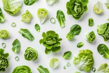 Green Leafy Vegetables Collection On White, Flat Lay Shot