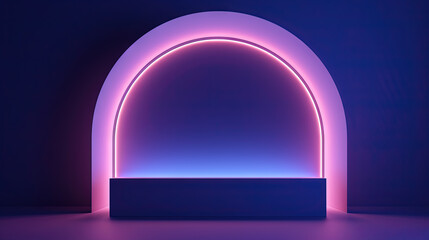 Sticker - Neon arc in blue and purple lights room. Abstract background for product display.