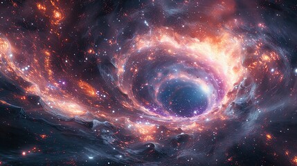 Big Planets and shining stars galaxy in space. Black hole over star field in outer space, abstract space wallpaper with form of letter O and sparks of light purple blue pink with copy space