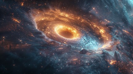 Big Planets and shining stars galaxy in space. Black hole over star field in outer space, abstract space wallpaper with form of letter O and sparks of light purple blue pink with copy space