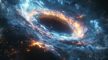 Big Planets and shining stars galaxy in space. Black hole over star field in outer space, abstract space wallpaper with form of letter O and sparks of light purple blue pink with copy space