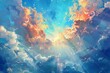 glimmering sunbeams piercing through fluffy clouds in a vivid azure sky digital painting