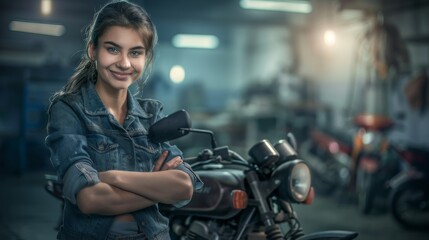 Service area: auto repair shop, Portrait of a woman Female Mechanic Working with motorbike Vehicle in a Car Service Workshop garage