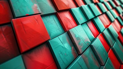 Wall Mural - Abstract turquoise red mosaic 3d tile wall texture background illustration with geometric shapes