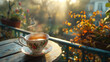 A steaming cup of tea on an outdoor table at sunrise.