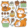 Set of cute squirrel various poses in acorn concept.Rodent animal character cartoon design.Cupcake,fruit,flower,leaf,cake,snack,balloon,sun hand drawn.Kid graphic.Kawaii.Vector.Illustration.