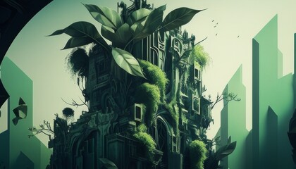 Wall Mural - Urban Jungle, In a futuristic city overrun by concrete and pollution,  gardens and rooftop oases. Generated AI