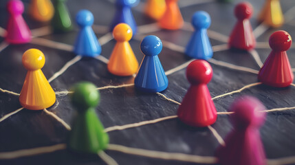 Leadership concept with colorful pawns on chalkboard, selective focus