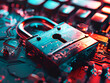 Cybersecurity theme, main object is a locked padlock, surrounding details include a computer keyboard, composition is centered, lighting is overhead