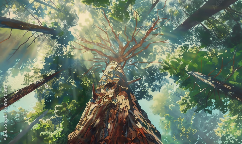 Capture the majestic strength of a towering redwood tree from a worms ...