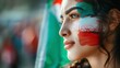 beautiful woman with face painted with the flag of Italy. Olympic Games concept, world sporting event in high resolution
