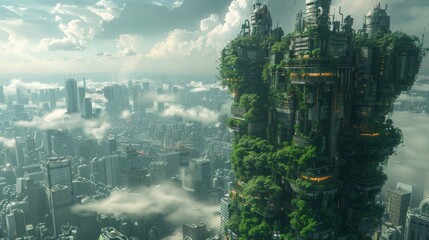 Wall Mural - Urban Jungle, In a futuristic city overrun by concrete and pollution,  gardens and rooftop oases. Generated AI