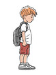 Little schoolboy boy with a backpack. Tired, sad and guilty. Cartoon vector illustration isolated on white background. Hand drawn line