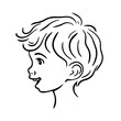Cartoon portrait of a little happy boy. A smile on his face. Joyful child. Happy childhood. Vector art illustration. Black and white sketch. Hand drawn line
