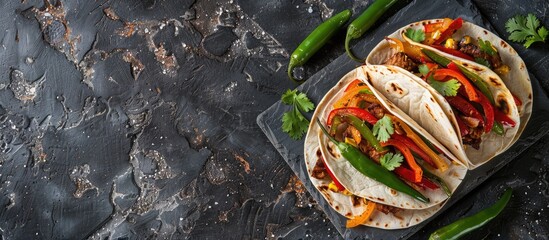 Poster - Mexican fajitas or tortillas on a food-themed border with room for text or recipe, photographed from above on a dark slate background.