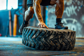 Man engaging in a strenuous workout by flipping a large tire at a crossfit gym