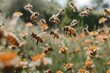 Urban garden buzzing with activity as bees pollinate flowers amidst the city