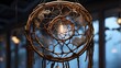  A photorealistic close-up image of a wood twig dream catcher hanging from a glass window. The dream catcher forms a symmetrical circle adorned with metal and lighting accessories, creating a captivat