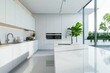 modern kitchen interior with white caesarstone countertops 3d rendering